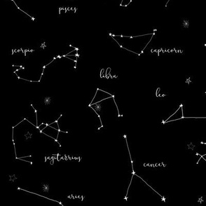 zodiac constellations - star sign fabric, astrology fabric, zodiac fabric, constellations fabric, mystical art, illustration, - black