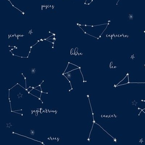 zodiac constellations - star sign fabric, astrology fabric, zodiac fabric, constellations fabric, mystical art, illustration, - navy