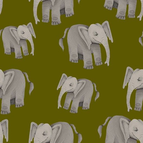 Happy Elephants on Olive Green