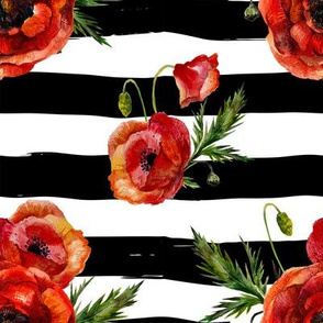 Large // Red Poppies // Black and White Stripes