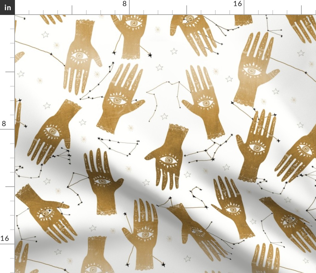 EXTRA LARGE - home dec size - palmistry fabric, palm print fabric, hand, mystic, eye, ouija, tarot, mystic fabric - gold