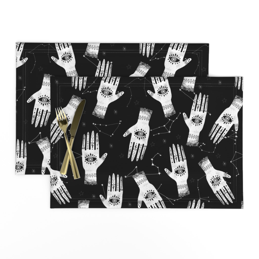 EXTRA LARGE - home dec size - palmistry fabric, palm print fabric, hand, mystic, eye, ouija, tarot, mystic fabric - black