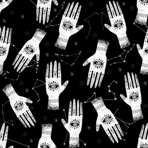 EXTRA LARGE - home dec size - palmistry fabric, palm print fabric, hand, mystic, eye, ouija, tarot, mystic fabric - black