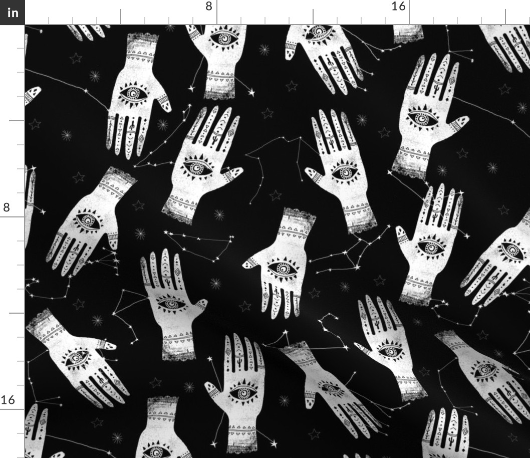 EXTRA LARGE - home dec size - palmistry fabric, palm print fabric, hand, mystic, eye, ouija, tarot, mystic fabric - black