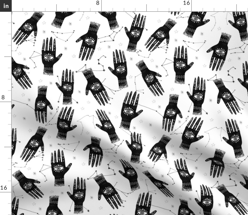 MEDIUM - palmistry hand print, palm print fabric, palmistry, tarot fabric, ouija fabric, hand print, trendy palm print -  black and white