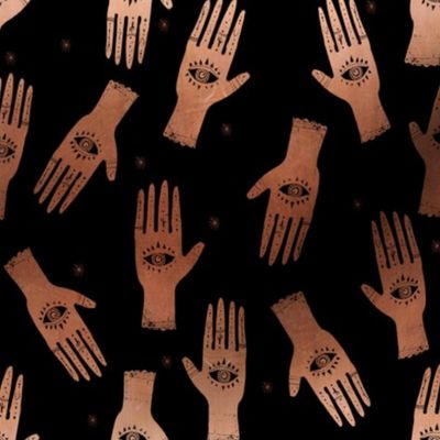 SMALL - hand palmistry hand - palm print fabric, palm, tarot, ouija, star, stars, constellations, - black and copper