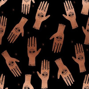 SMALL - hand palmistry hand - palm print fabric, palm, tarot, ouija, star, stars, constellations, - black and copper