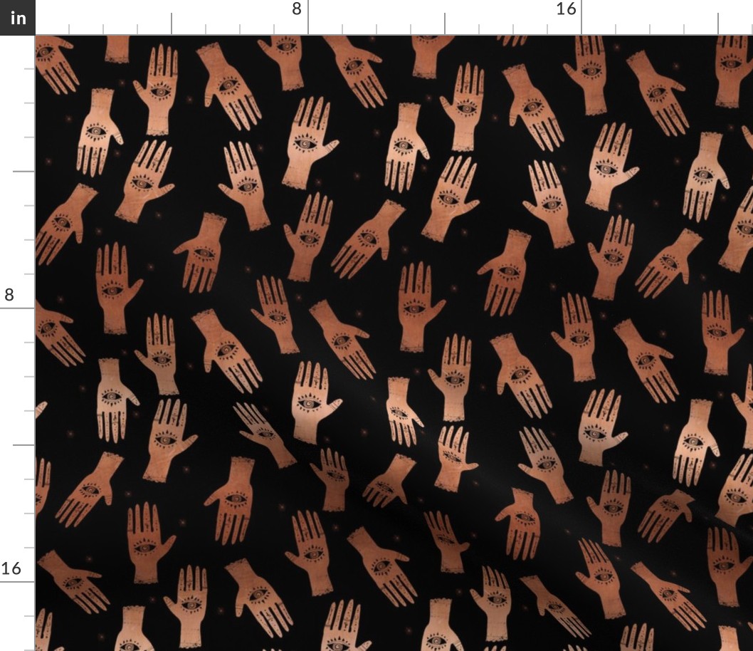 SMALL - hand palmistry hand - palm print fabric, palm, tarot, ouija, star, stars, constellations, - black and copper