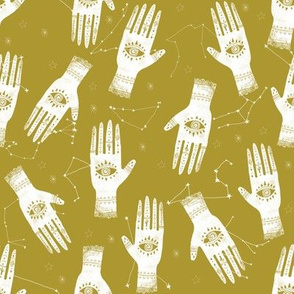 SMALL - hand palmistry hand - palm print fabric, palm, tarot, ouija, star, stars, constellations, - yellow