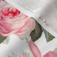 24"  Mystic Nostalgic Pink And Maroon Pierre-Joseph Redouté Flowers,Antique Bloom Bouquets, Vintage Home Decor,   English Rose Springflowers Fabric 