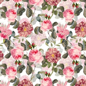 24"  Mystic Nostalgic Pink And Maroon Pierre-Joseph Redouté Flowers,Antique Bloom Bouquets, Vintage Home Decor,   English Rose Springflowers Fabric 