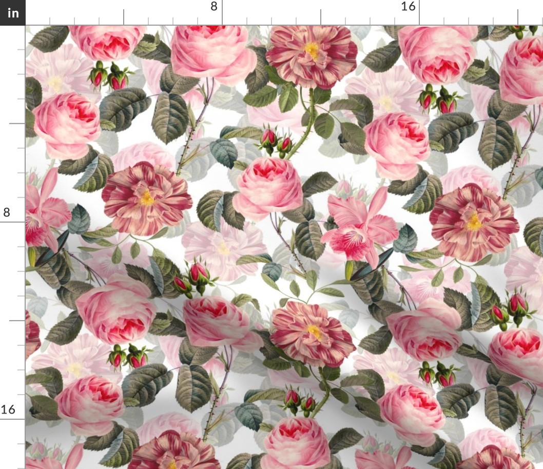 24"  Mystic Nostalgic Pink And Maroon Pierre-Joseph Redouté Flowers,Antique Bloom Bouquets, Vintage Home Decor,   English Rose Springflowers Fabric 