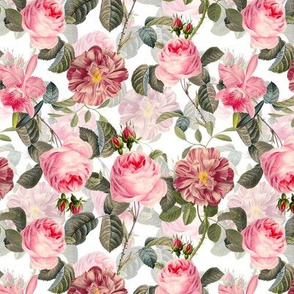 Nostalgic Enchanting Pink And Maroon  Pierre-Joseph Redouté  Roses,Antique Flowers Bouquets, vintage home decor,  English Roses Fabric