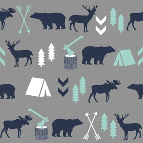 woodland camping boys nursery grey mint navy blue kids outdoors bear tent wood trees forest - SMALLER