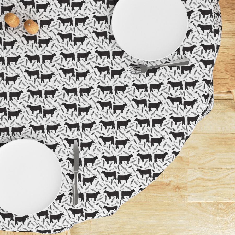 steer fabric - black and white farm fabric, farm animals fabric, barn, farmyard, cattle, cow, feathers and arrows, ranch fabric - smaller