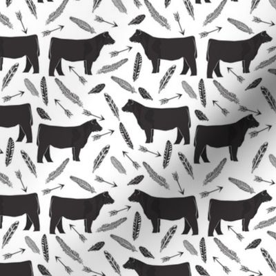 steer fabric - black and white farm fabric, farm animals fabric, barn, farmyard, cattle, cow, feathers and arrows, ranch fabric - smaller