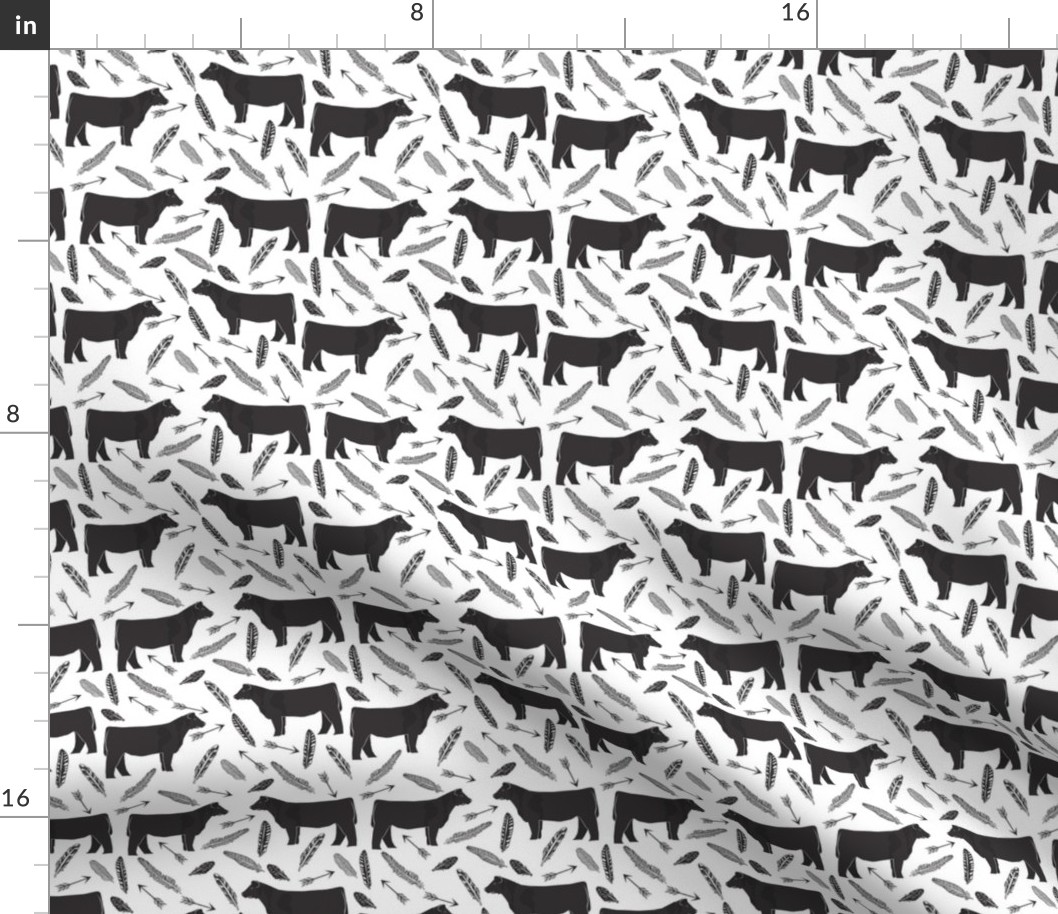 steer fabric - black and white farm fabric, farm animals fabric, barn, farmyard, cattle, cow, feathers and arrows, ranch fabric - smaller