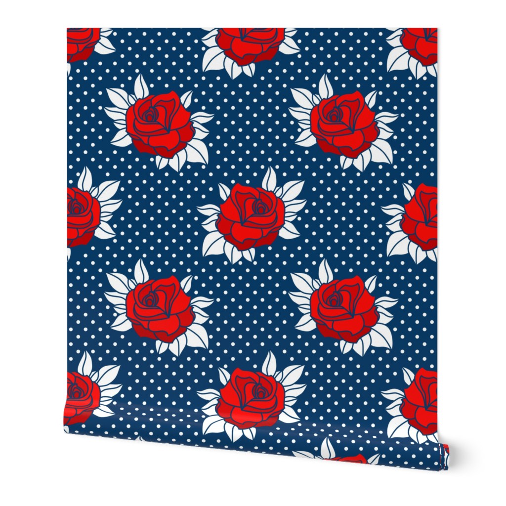 Mid-century retro tattoo red roses blue white polka dots