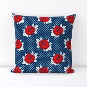 Mid-century retro tattoo red roses blue white polka dots