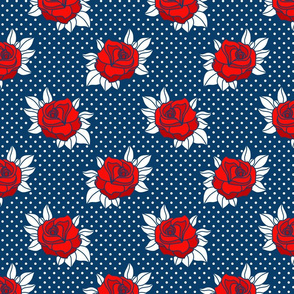 Mid-century retro tattoo red roses blue white polka dots