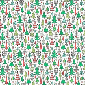 Christmas Trees Doodle Forest Woodland Red on White Tiny Small 1 inch