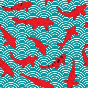 Koi carp nishikigoi literally brocaded carp. Red fish. black outline sketch doodle. azure teal burgundy maroon 