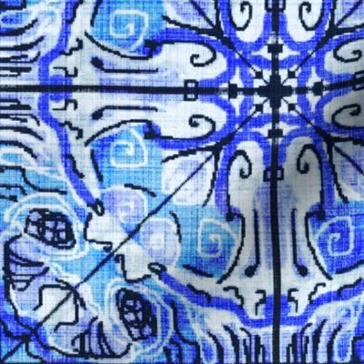 Spanish Medallion Linen Tile, blue large