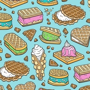 Waffles with Ice Cream on Blue