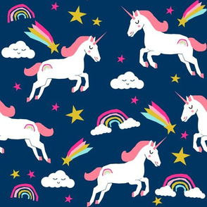 EXTRA LARGE unicorn bright colors fabric rainbow clouds stars cute girls unicorn fabric navy 