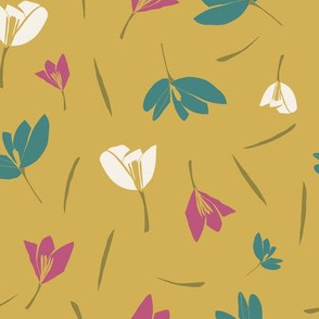 Crocus flower pattern on a mustard background