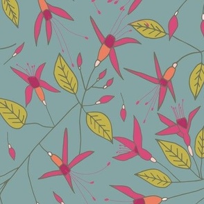 Hardy Fuchsia flower pattern on grey/green  background