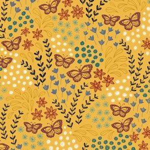Ditsy Butterfly Floral - mustard