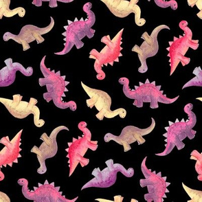 Pink, Purple & Tan Hand Painted Gouache Dinos on Black - small