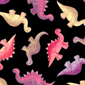 Pink, Purple & Tan Hand Painted Gouache Dinos on Black - medium