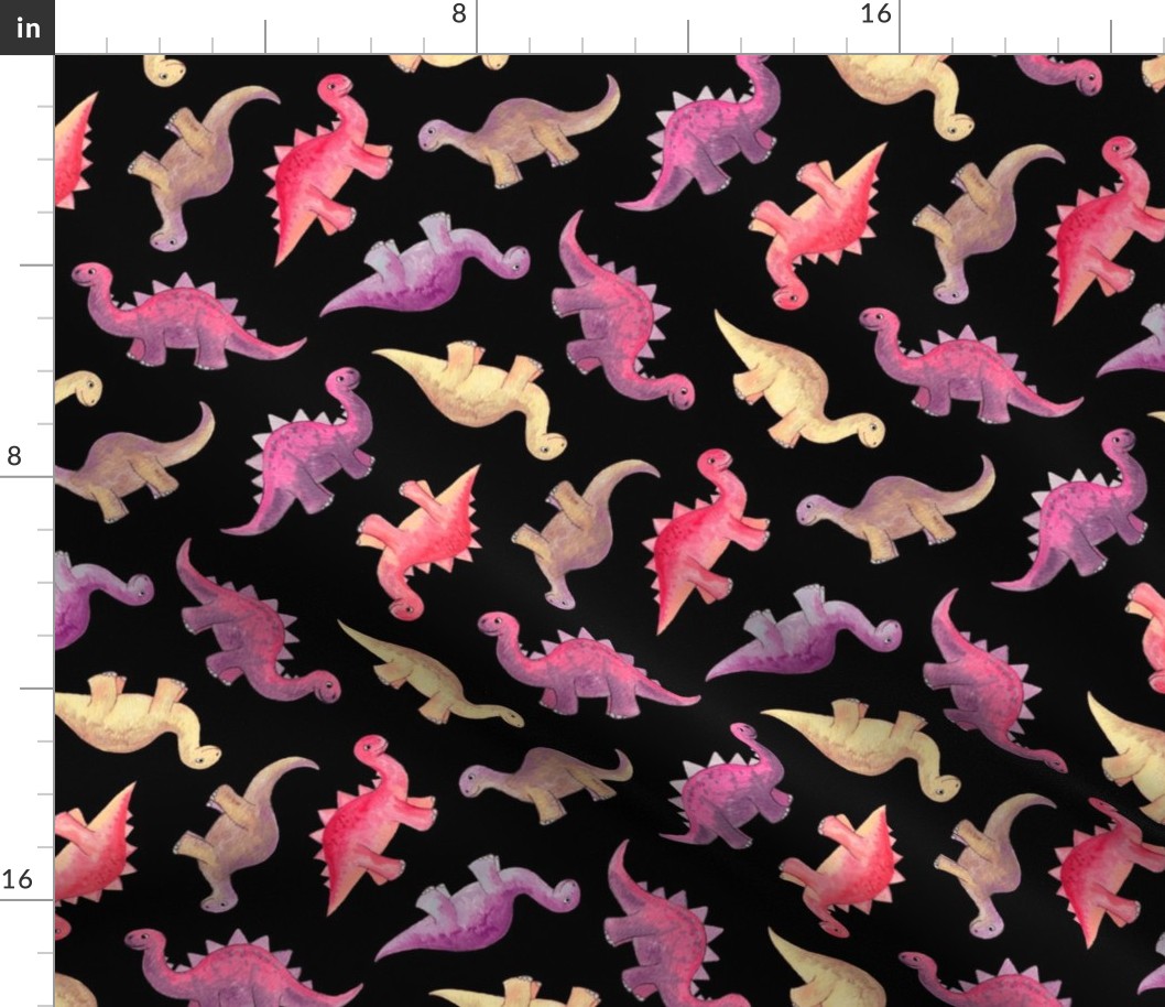 Pink, Purple & Tan Hand Painted Gouache Dinos on Black - medium