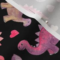 Pink, Purple & Tan Hand Painted Gouache Dinos and Hearts on Black - medium