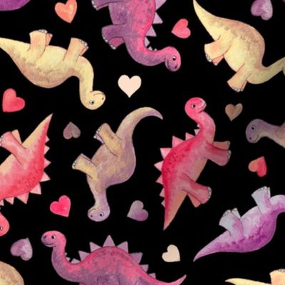 Pink, Purple & Tan Hand Painted Gouache Dinos and Hearts on Black - medium