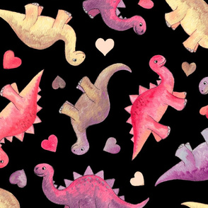 Pink, Purple & Tan Hand Painted Gouache Dinos and Hearts on Black - large