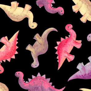 Pink, Purple & Tan Hand Painted Gouache Dinos on Black - large