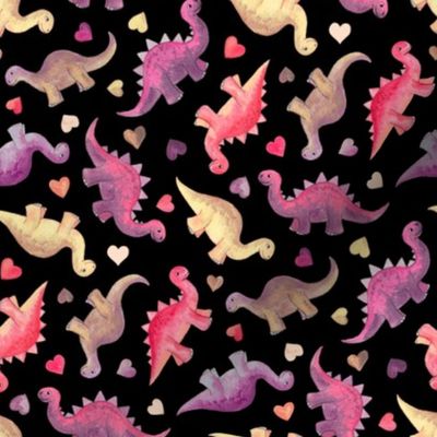 Pink, Purple & Tan Hand Painted Gouache Dinos and Hearts on Black - small