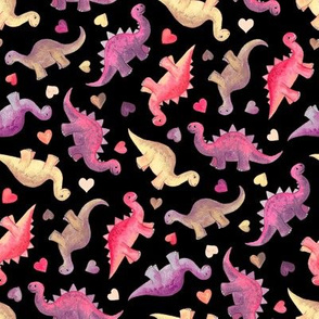 Pink, Purple & Tan Hand Painted Gouache Dinos and Hearts on Black - small