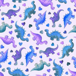 Blue and Purple Hand Painted Gouache Dinos and Hearts on Lilac - small