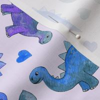 Blue and Purple Hand Painted Gouache Dinos and Hearts on Lilac - medium