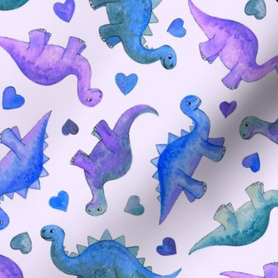 Blue and Purple Hand Painted Gouache Dinos and Hearts on Lilac - medium