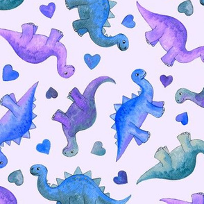 Blue and Purple Hand Painted Gouache Dinos and Hearts on Lilac - medium