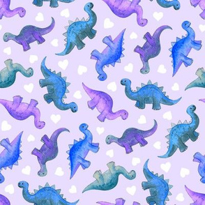 Purple and Blue Hand Painted Gouache Dinos and White Hearts on Lilac - small