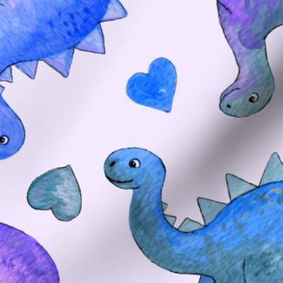 Blue and Purple Hand Painted Gouache Dinos and Hearts on Lilac - large