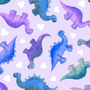 Purple and Blue Hand Painted Gouache Dinos and White Hearts on Lilac - medium