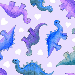 Purple and Blue Hand Painted Gouache Dinos and White Hearts on Lilac - large