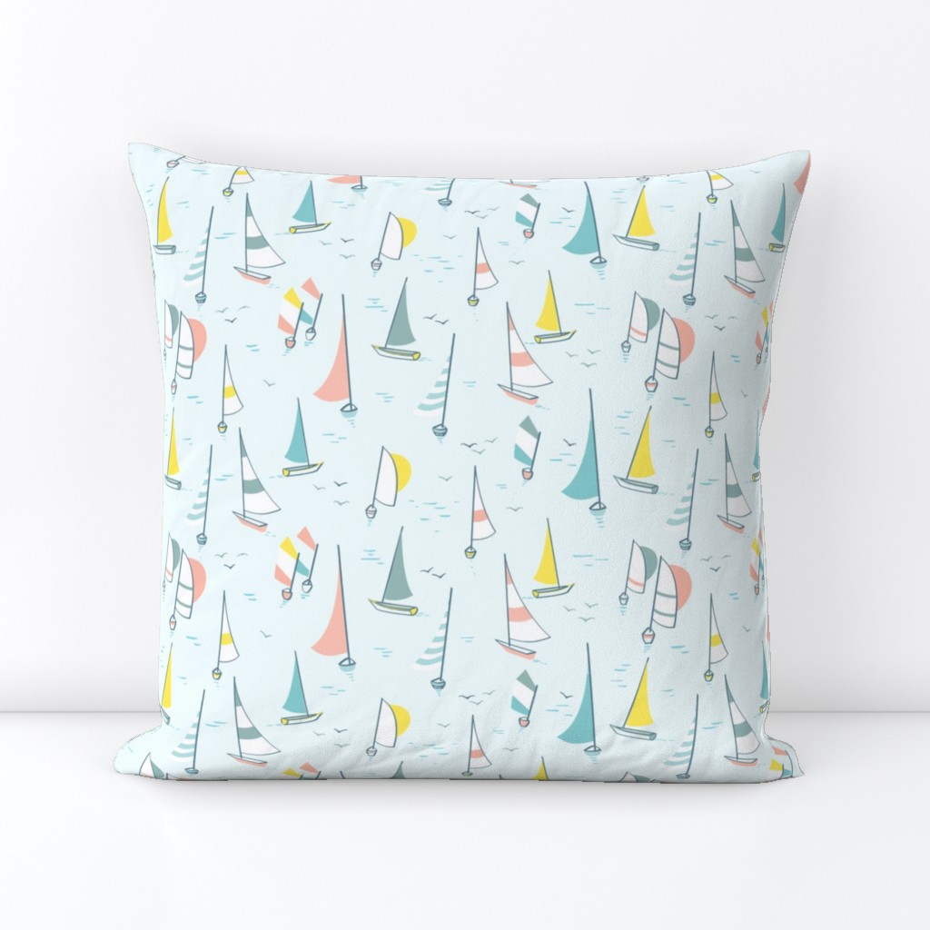 Sail boats on a summer day, blue, yellow, coral